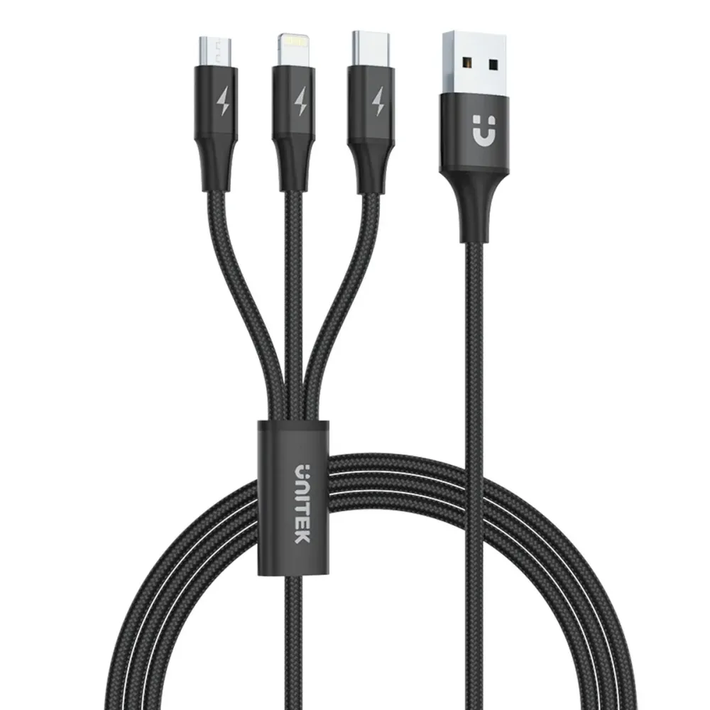 Cablu USB la Micro USB, USB-C și Lightning Unitek C14049BK Negru 1,2 m