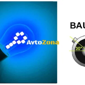 Becuri LED, 18 SMD, Asimetrice, Pini decalate (150°) , Decalate, 1156, BAU15S, 12V, Lumină albastră