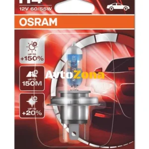 1 buc Bec halogen pentru far Osram H4 Night Breaker Laser Next Gen +150%, 60/55W, 12V, P43T, Blister