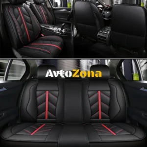 Set complet tapițerie auto universală, piele ecologică, lux, sport, negru roșu