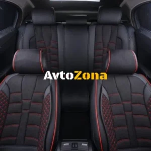 Set complet de tapițerie universală, huse pentru scaune auto din piele ecologică de lux, negru cu cusături roșii