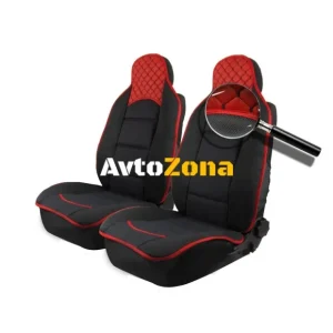 Set tapițerie universal 1+1 pentru scaunele din față Lux negru și roșu, textile și piele ecologică