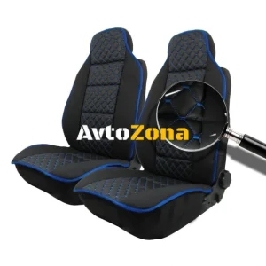Set tapițerie universal 1+1 pentru scaunele din față negru de lux cu cusături albastre, piele ecologică