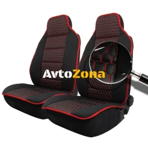 Set tapițerie universal 1+1 pentru scaunele din față negru de lux cu cusături roșii, piele ecologică