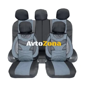 Tapițerie auto universală, set complet, premium, piele ecologică și textile, gri, Delima scaun spate, 9 bucăți