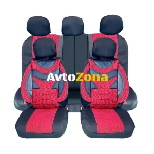 Tapițerie auto universală, set complet, premium, piele ecologică și textile, roșu, Delima scaun spate, 9 bucăți