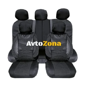 Tapițerie auto universală, set complet, premium, piele ecologică și textile, negru, Delima scaun spate, 9 bucăți