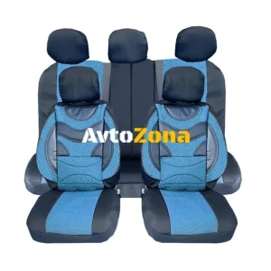 Tapițerie auto universală, set complet, premium, piele ecologică și textile, albastru, Delima scaun spate, 9 bucăți